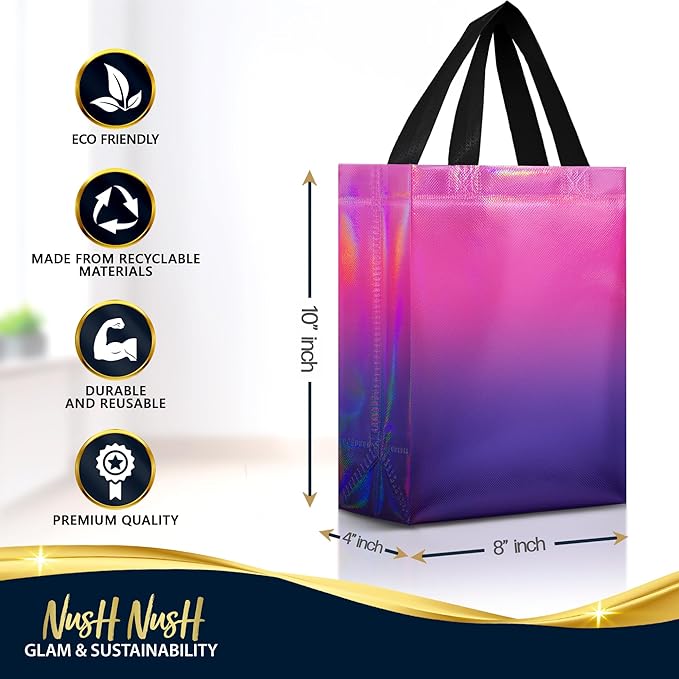 Nush Nush Holographic Reusable Gift Bags Medium Size – Set of 12 Gradient Pink & Purple Gift Bags With Handles - Colorful Party Favor Bag for Birthday Party Favors, Halloween, Christmas - 8x4x10