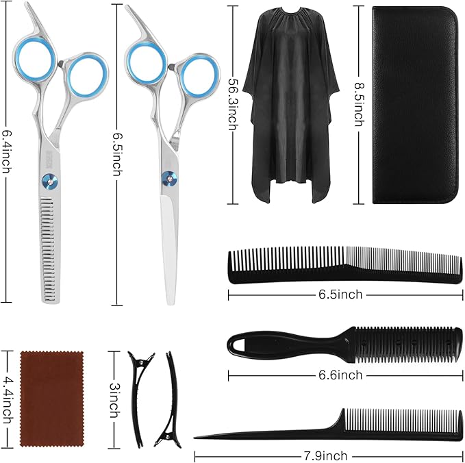 10-Piece Hair Cutting Scissors Kit - Professional Set with Thinning Scissors, Comb, Cape, Clips, Leather Bag for Barber, Salon, Home