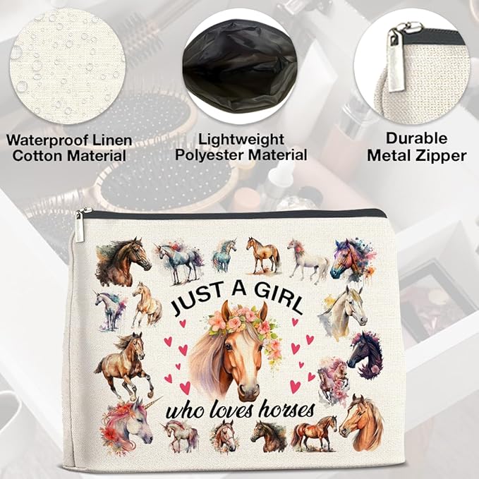 Horses Gifts Makeup Bag Funny Horse Lover Gifts for Girl Women Cowgirl Cosmetic Bag Just a Girl Who Loves Horses Zipper Makeup Pouch Gift