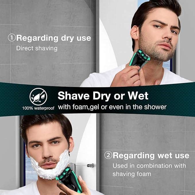 Electric Razor for Men, Rechargeable Shaver with Charging Stand, Cordless Wet & Dry Waterproof Razor with Pop-up Trimmer (Green)