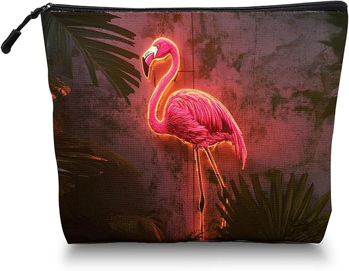 Cosmetic Bags Travel Makeup Toilet Case Waterproof Pouch for Women Girls 6.7X9.45inches - Pink Flamingo With Neon Lighting