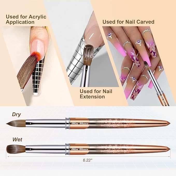 Acrylic Nail Brush Size 8, 100% Real Kolinsky Art Nail Brush for Acrylic Powder Application, Handmade Women Manicure Nail Extension Tool for Professional DIY Home Salon and Beginners