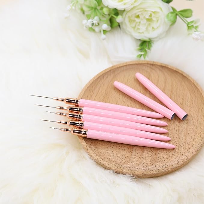 WOKOTO 5 Pcs Pink Nail Art Liner Brushes Painting Detail Nail Brushes For Nail Art Tools Set Nail Dotting Drawing Tool For Long Lines Thin Details Fine Drawing Sizes 4/8/12/20/25mm Thin Nail Brush
