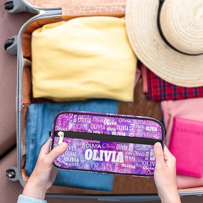 Custom Travel Cosmetic Bag with Name, Personalized Large Capacity Weekend Toiletry Bag Portable Bathroom Makeup Organizer, Watercolor Purple Galaxy