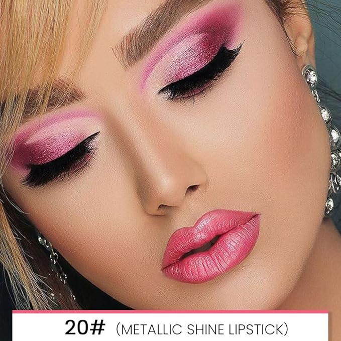 2-in-1 Pink Lip Liner & Lipstick Set Kit for Women, Metallic Lips Kit with Lip Liner Lip Stains Long Lasting Waterproof 24 Hour Lipstick and Lip Liners Combo Lipliners Pencil Set 20