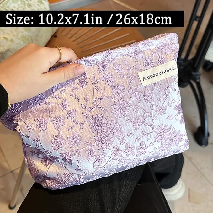 STARDW Aesthetic Floral Makeup Bag Cute Small Cosmetic Bags for Women Girls, Travel Toiletry Bag Large Capacity Zipper Makeup Pouch, Purse Organizer Pouches (Embroidery Purple)
