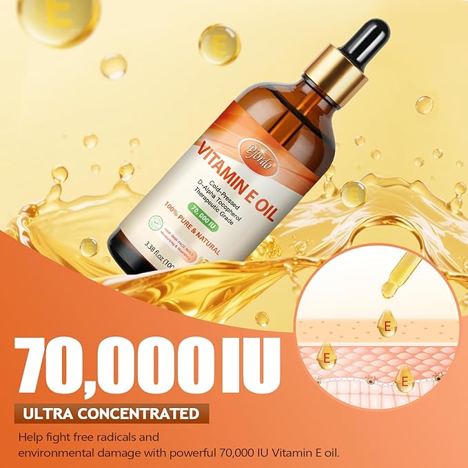 Vitamin E Oil - 100% Pure & Natural, 70,000 IU Cold-Pressed Organic Vitamin E Oil for Skin, Face, Hair, Nails & Scars, D-Alpha Tocopherol Rich, Deep Moisturizing and Firming Skin