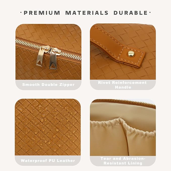 Travel Makeup Bag – Large Cosmetic Organizer with Waterproof PU Leather, Smooth Double Zipper & Tear-Resistant Lining, Toiletry Pouch for Women (Caramel)