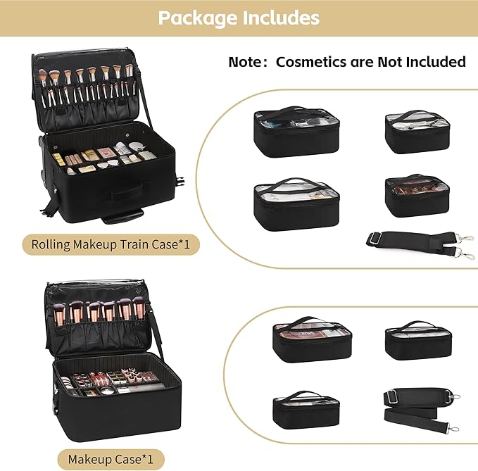 TANTO Rolling Makeup Bag, Makeup Case on Wheels Professional Makeup Artist Bags 2 in 1 Cosmetics Organizer Extra Large Cosmetology Case with 360° Swivel Wheels and Adjustable Dividers