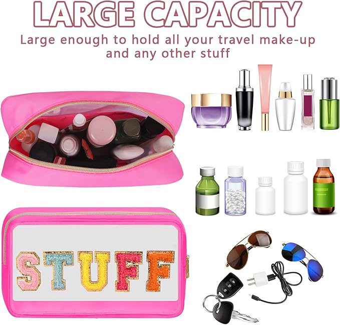 Iqimott Clear Patch Makeup Bag Stuff Pouch, Preppy Personalized Chenille Letter Cosmetic Pouch for Travel, Nylon Waterproof Travel Essentials Zipper Toiletry Bags for Women Girls(STUFF, RoseRed)