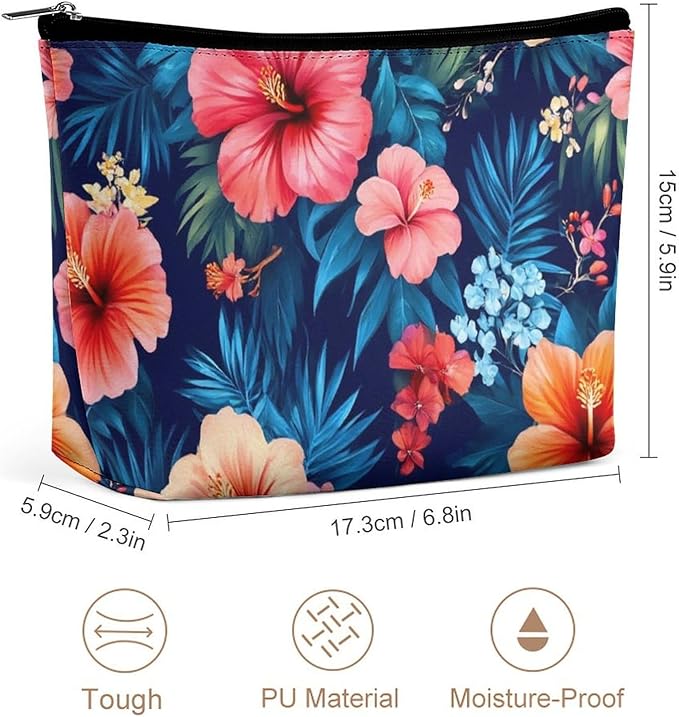 Travel Cosmetic Bag, Large Makeup Case, Toiletry Bag, Personality Fashion Zipper Cosmetic Case Tropical Hawaiian Colorful Hibiscus Flowers
