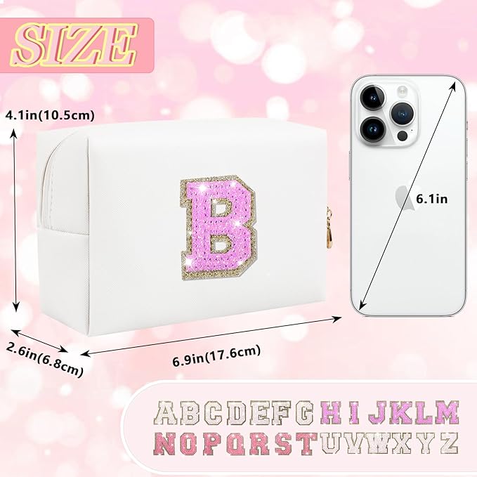 Personalized Initial Letter Makeup Bag, Preppy Glitter Letter Patch Cosmetic Pouch Zipper,PU Waterproof Travel Toiletry Bag Cute Makeup Organizer Monogrammed Make Up Bag,Gift for Women Girls(Letter B)