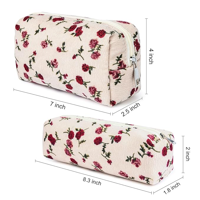 SOIDRAM Makeup Bag Floral Cosmetic Bag Cute Makeup Pouch 1Pcs Large Capacity Makeup Bags and 1Pcs Makeup Brushes Storage Bag Travel Toiletry Bag Organizer