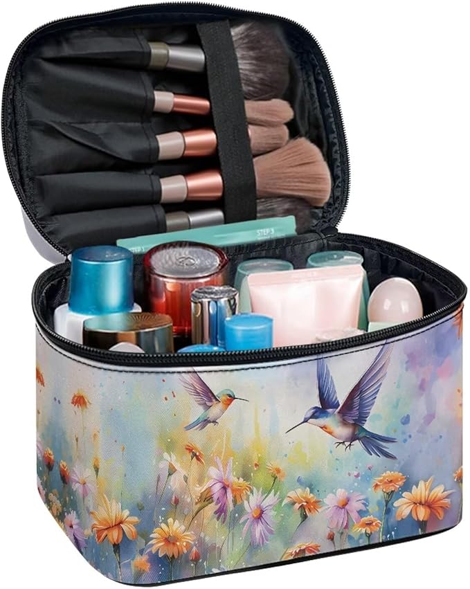 Hummingbird Vibrant Floral Pattern Travel Makeup Bag for Women Large Capacity Cosmetic Bag with Zipper and Handle Portable Toiletry Bag Make Up Organizers