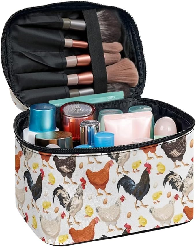 Cute Farm Chicken Rooster Print Travel Makeup Bag for Women Large Capacity Cosmetic Bags with Zipper And Handle Make Up Tote Bags Organizer Portable Brushes Case Toiletry Bags