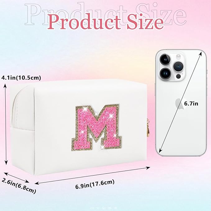 Small Personalized Glitter Initial Letter Makeup Bag, Cute PU Leather Chenille Letters Cosmetic Bag Travel Makeup Pouch, Preppy Travel Organizer Zipper Pouch for Women&Girls（WhiteRosePink-M）