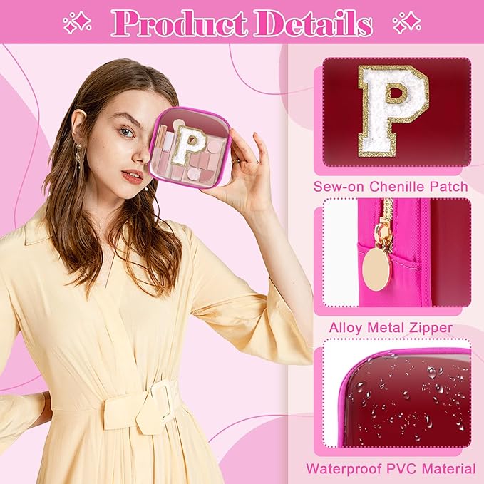 Personalized Initial Letter Clear Preppy Makeup Bag,Mini Nylon Chenille Letter Cosmetic Bag Cute Zipper Pouch Coin Purse for Teen Girls,Portable TSA Approved Travel Essentials Bag Gift for Women,P