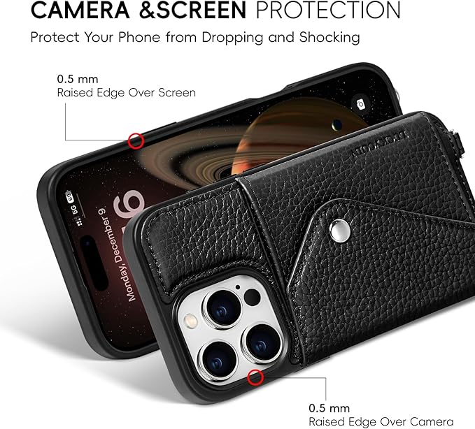 LUCKYCOIN Crossbody Wallet Phone Case for iPhone 16 Pro,100% Genuine Leather Wallet Phone Case with Expandable Flip Card Holder,Phone Purse for Women with Adjustable Removable Strap - Pebble Black