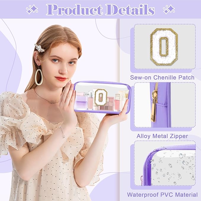 Personalized Initial Letter Clear Makeup Bag,Preppy Small Nylon&PVC Cosmetic Zipper Bag with Chenille Letter,Travel Skincare Toiletry Bag,Monogram Christmas Gift for Teen Girls Women,O