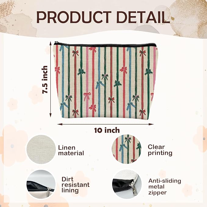 Coquette Christmas Ribbon Bow Makeup Bag, Preppy Red Green and Pink Striped Christmas Cosmetic Bags Gifts for Women, Girly Xmas Portable Travel Toiletry Bag Zipper Makeup Pouch