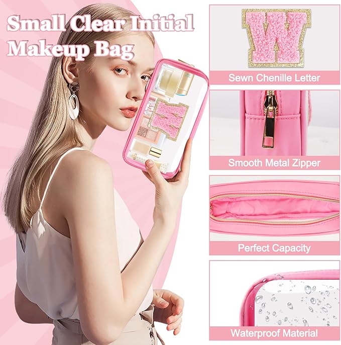 Small Clear Personalized Initial Makeup Bag, Preppy A-Z Chenille Letter Patch Cosmetic Bag, Cute Transparent Nylon Waterproof Zipper Beach Varsity Letter Pouch, Gift for Women Girls(Pink-Pink W)