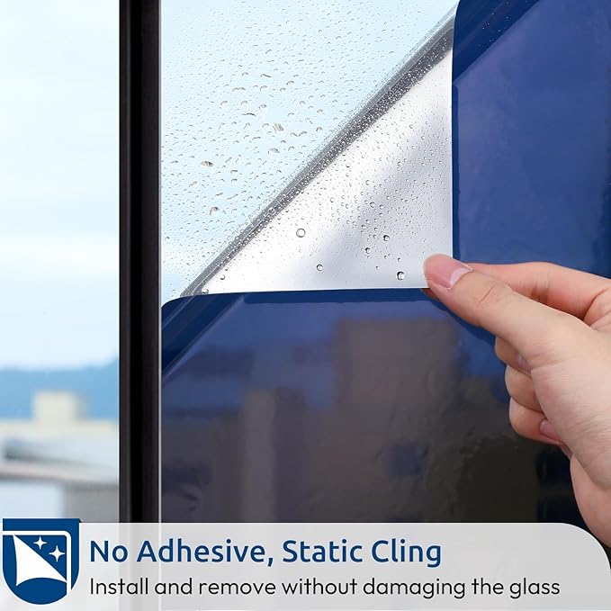 rabbitgoo Window Privacy Film One Way Window Tint for Home, Removable Reflective Heat Sun Blocking Anti UV Glass Door Covering, Mirror Tinting Film House Office, 17.5 in X 6.5 Feet, Blue Silver