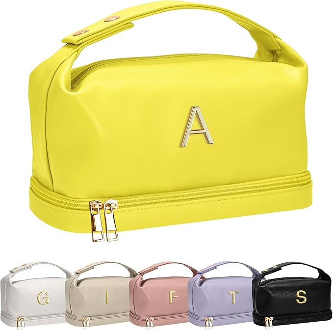 Teen Girl Gifts Trendy Stuff, Makeup Bags for Women with Handle, Initial Double Layer Cosmetic Bag with Makeup Brush Organizer, Cute Cosmetic Pouch for Women, Gifts for Friends Female Mom