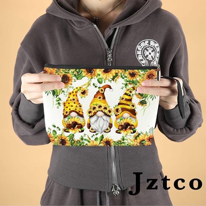Jztco Cute Gnomes Makeup Bag Sunflower Gifts Gnome Gifts for Women Female Her Mom Wife Best Friend Daughter Aunt Niece Toiletry Bag Mothers Day Graduation Birthday Gifts Summer Floral Cosmetic Bag