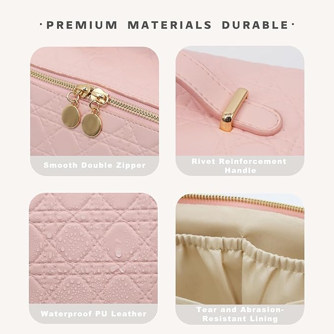 Travel Makeup Bag – Large Cosmetic Organizer with Waterproof PU Leather, Smooth Double Zipper & Tear-Resistant Lining, Toiletry Pouch for Women (Pink)