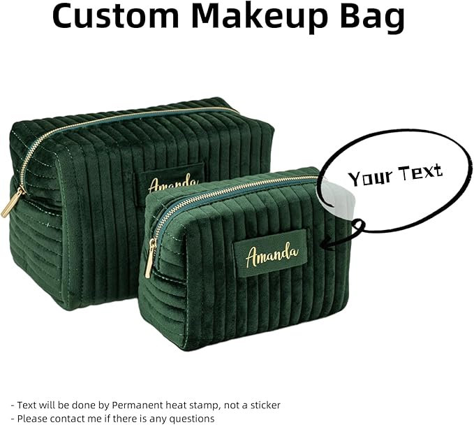 Custom Makeup Bag, Green Velvet Personalized Cosmetic Bag with Zipper for Women Teen Girls Birthday Gifts Mothers Day Gifts for Mom