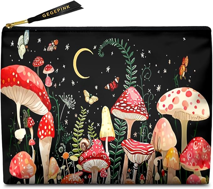 Cute Makeup Bag for Purse Waterproof Cosmetic Bags for Women Funny Smooth Zipper Travel Toiletry Pouch 10X8 Inches-Mushroon Makeup pouch