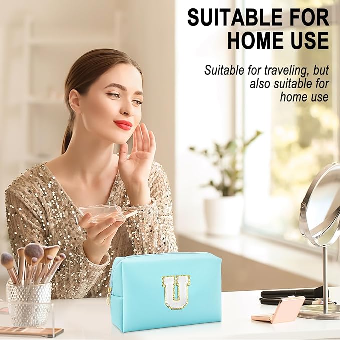 Gifts for Girls Initial Makeup Bag Personalized Cosmetic Bag with Zipper Cute Travel Toiletry Bag Waterproof PU Preppy Makeup Pouch Birthday Gift for Teen Girls Women(Blue U)