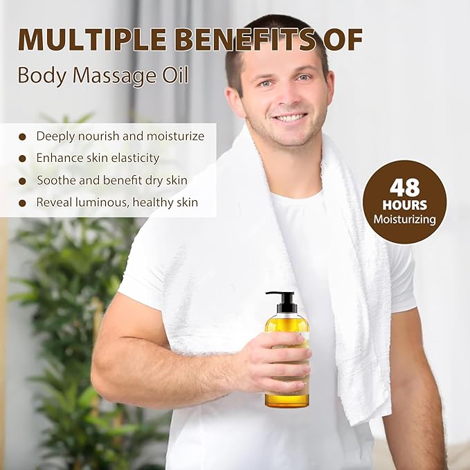 PHATOIL Sandalwood Body Oil for Men with Ginger, YlangYlang, Cinnamon, 260ml Large Bottle Body Oil for Skin, 8.8 fl.oz Premium Moisturizer Oil for After Shower, Great for Skin and Body Care