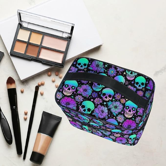 Goth Skull Makeup Bag, Gothic Skull Flowers Makeup Organizer Bags Toiletry Bag Box Travel Cosmetic Bag Make Up Train Case for Women Teen Girl Ladies
