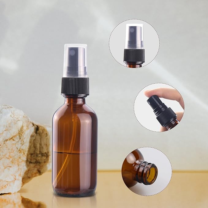 Wedama 4 oz Mini Glass Spray Bottles, Empty Small Spray Bottles with Funnel Dropper, Fine Mist for Hair, Travel, Plants, Cleaning Solutions and Skin Care (4 Pack Amber)