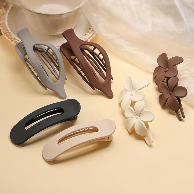 6 PCS Flat Hair Clips, French Lay Flat Claw Clips for Women Girls, 3 Styles Strong Hold Non-slip Matte Hair Claws for Thin Thick Hair(Brown&Grey)
