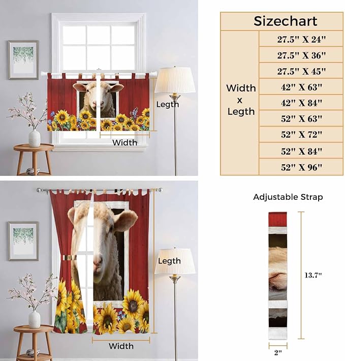 Sheep Sunflower Kitchen Curtains 24 Inch Length, Small Window Curtains Tab Top - Image 8
