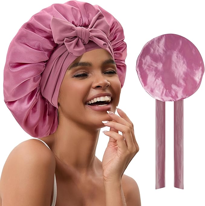 Satin Hair Bonnet for Sleeping Women, Double Layer Silk Bonnets for Women with Tie Band, for Braids Curly Long Hair