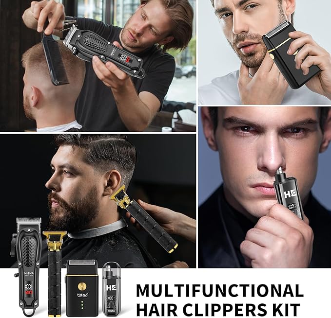 HIENA PRO Hair Clippers for Men Professional, Cordless Barber Clipper & T-Blade Beard/Hair Trimmer Set, Electric Razor Foil Shaver Nose Trimmer Barber Kit, Men's Hair Cutting Kit with 8 Guide Combs