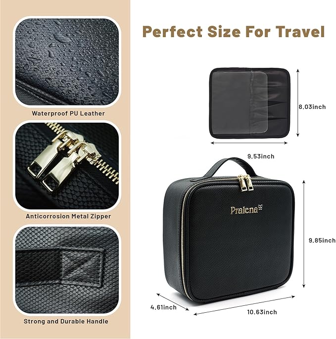 Travel Makeup Bag with LED Mirror – 3 Brightness Modes, Portable Lighted Makeup Case with Adjustable Dividers, Cosmetic Organizer Gift for Women (Black)