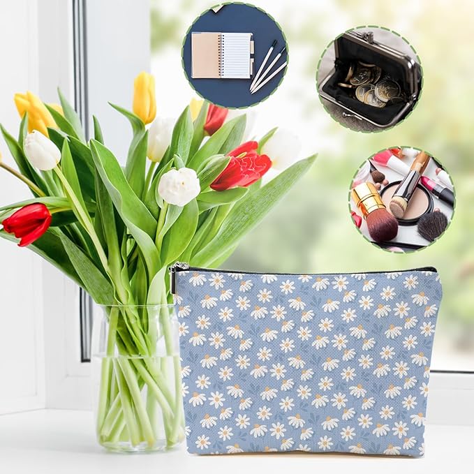 4pcs Secret Santa Gifts Vintage Floral Makeup Bag, Daisy Flower Cosmetic Bag Garden Gifts for Women Female Girls Sister BFF Nature Lover, Travel Zipper Pouch Christmas Thanksgiving Birthday Gifts