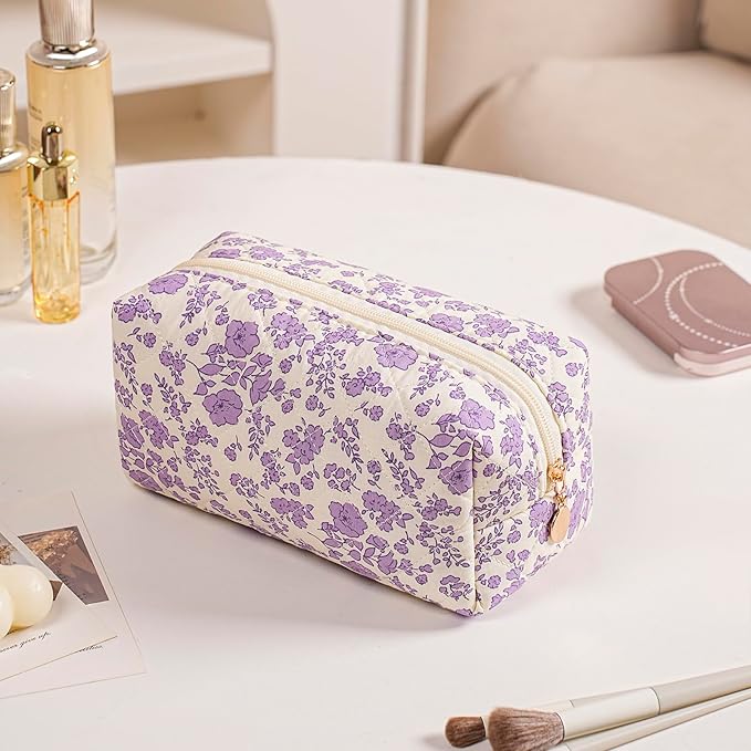 JOVAKIT Square Makeup Bag Cute Cosmetic Bag for Women, Floral Coquette Aesthetic Toiletry Bag, Zipper Make Up Pouch, Travel Make Up Organizer Bag (Big Purple Floral)