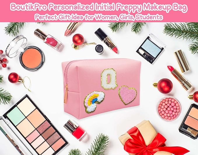 Personalized Inital Preppy Makeup Bag Set with Zipper, Monogram Waterproof Travel Cosmetic Bag for Women, Cute Preppy Patch Toiletry Bag for Traveling Outdoors, Gift Ideal for Christmas Thanksgiving
