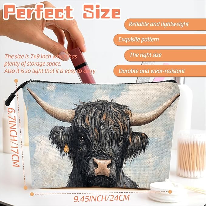 Cosmetic Bags Travel Makeup Toilet Case Waterproof Pouch for Women Girls 6.7X9.45inches - Black Yak With Large Horns in A Flower - Filled Meadow
