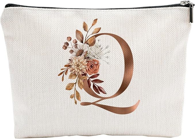 A-Z Boho Personalized Cosmetic Bag-Floral Cotton Letter Makeup Bag With Zipper-Artistic Cosmetic Bag For Travel-Bride,Birthday Gift For Women Daughter Friends-Women Makeup Organizer-A17