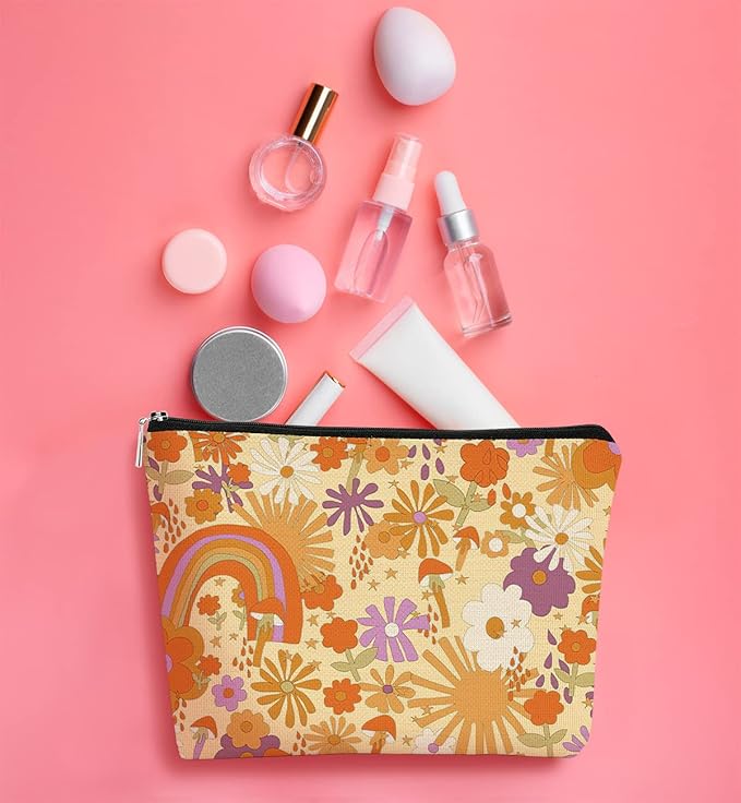 Makeup Bag for Women Gift,Retro 60s 70s Hippie Flowers Rainbow Makeup Bag,Vintage Floral Cosmetic Bag Best Gift Idea for Teen Girls Women,Birthday Christmas Gifts