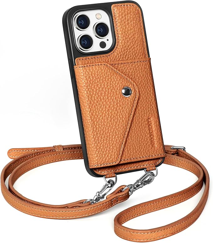 LUCKYCOIN Crossbody Wallet Phone Case for iPhone 14 Pro Max,100% Genuine Leather Wallet Phone Case with Expandable Flip Card Holder,Phone Purse for Women with Adjustable Removable Strap - Pebble Brown