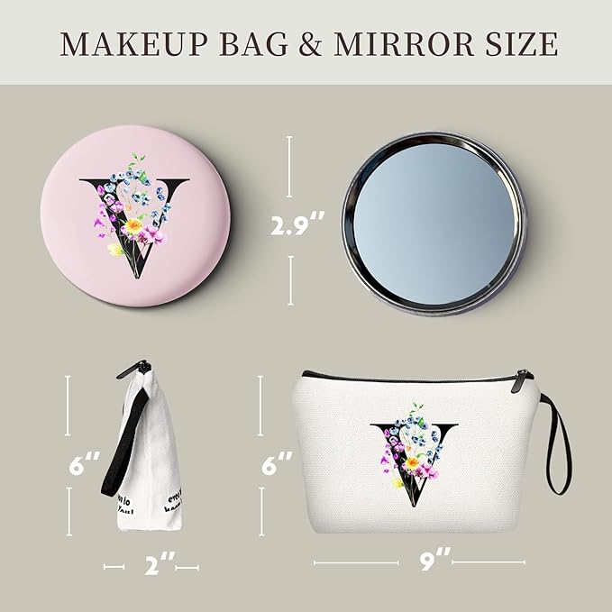 Mom Birthday Thank You Appreciation Gifts for Women Aunt Teacher Coworkers Bride Bridesmaid Monogrammed Travel Makeup Cosmetic Bag with Mirror Valentines Mothers Day Christmas Graduation V