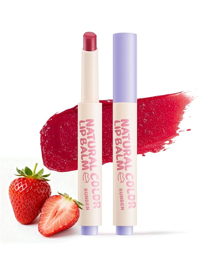 RUNBEN Kids Tinted Lip Balm, Strawberry-Scented Lipstick, 24H Moisturizing, Safe & Non-toxic Lip Gloss for Kids & Teen, Christmas Makeup Gift for Girls, 2g