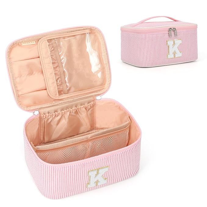 OCHEAL Makeup Bag for Women, Monogram Cosmetic Bag with Brush Holder, Pink Travel Makeup Case Beauty Toiletry Bag Organizer Personalized Gifts for Girls Bridesmaid, Sister, Wife, Friends Initial K